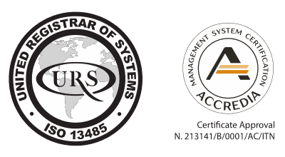 Marchio di certificazione URS ISO 13485 con accreditamento Accredia, certificato n. 213141/B/0001/AC/ITN